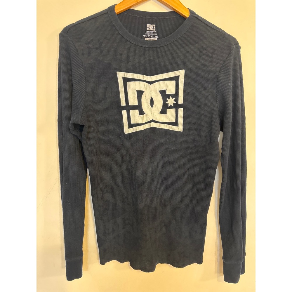 DC Shoes Mens Long Sleeve Thermal Waffle Knit Logo Shirt Black Charcoal Medium